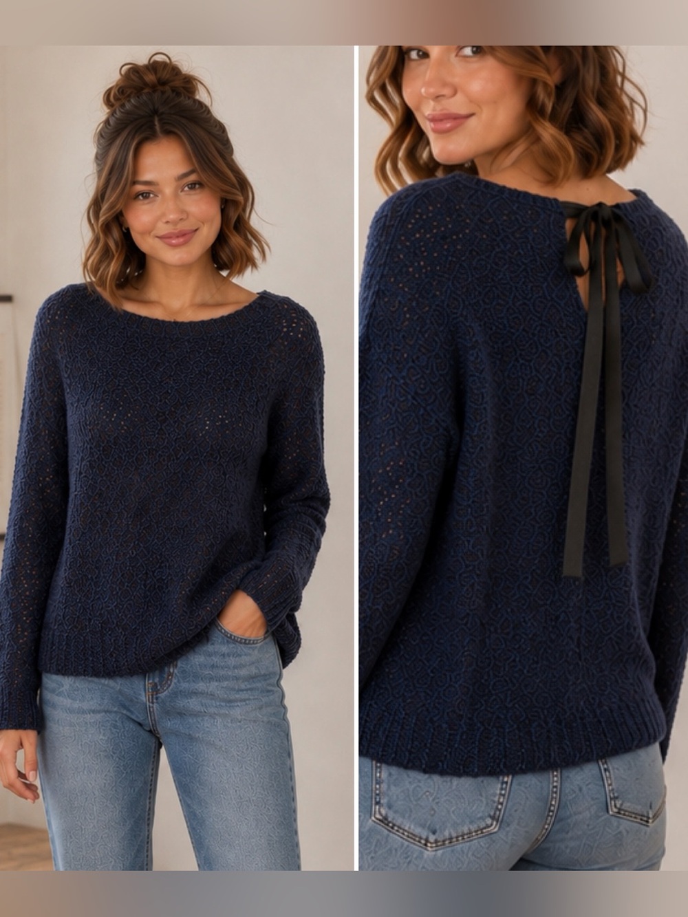 Lilla P Navy Black Loose Knit Textured Sweater Back Ribbon Tie Back M